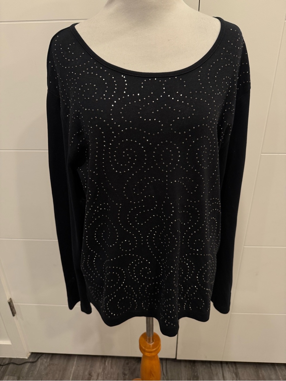 NWT Chico's Black Long-Sleeve Scoop Neck Sweater with Swirl Studs